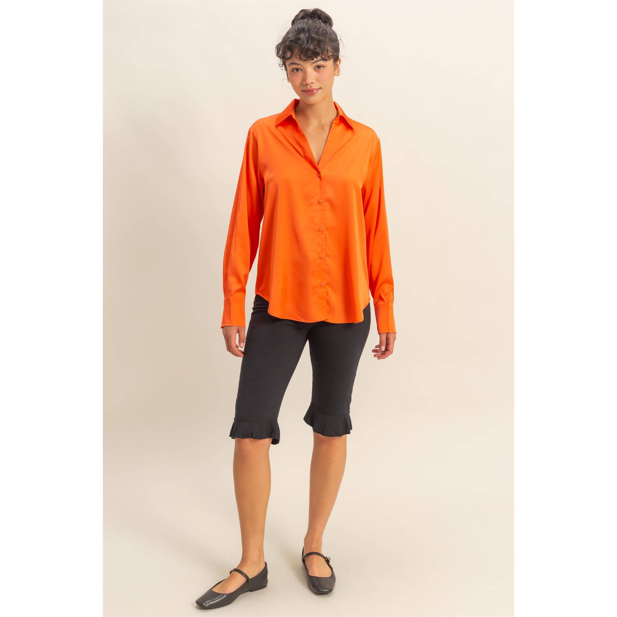 Double Zero - Wholesale Blouse - Women's - Button-Up Satin Shirt With Collared Neckline3