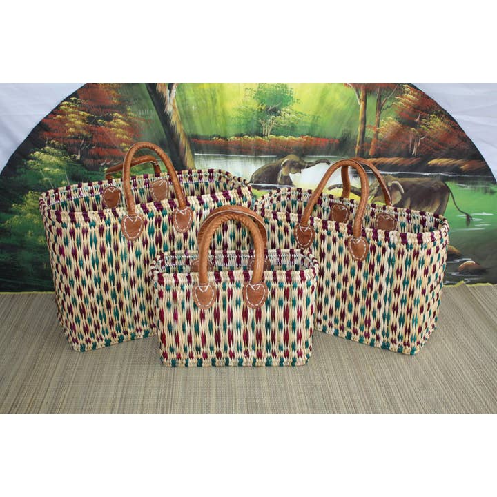 Boutique Huléti - Wholesale Grocery/Shopping Bag - Handmade woven rush shopping basket - Tote markets wicker rattan bag - Moroccan Berber - Green & Purple - 3 Sizes