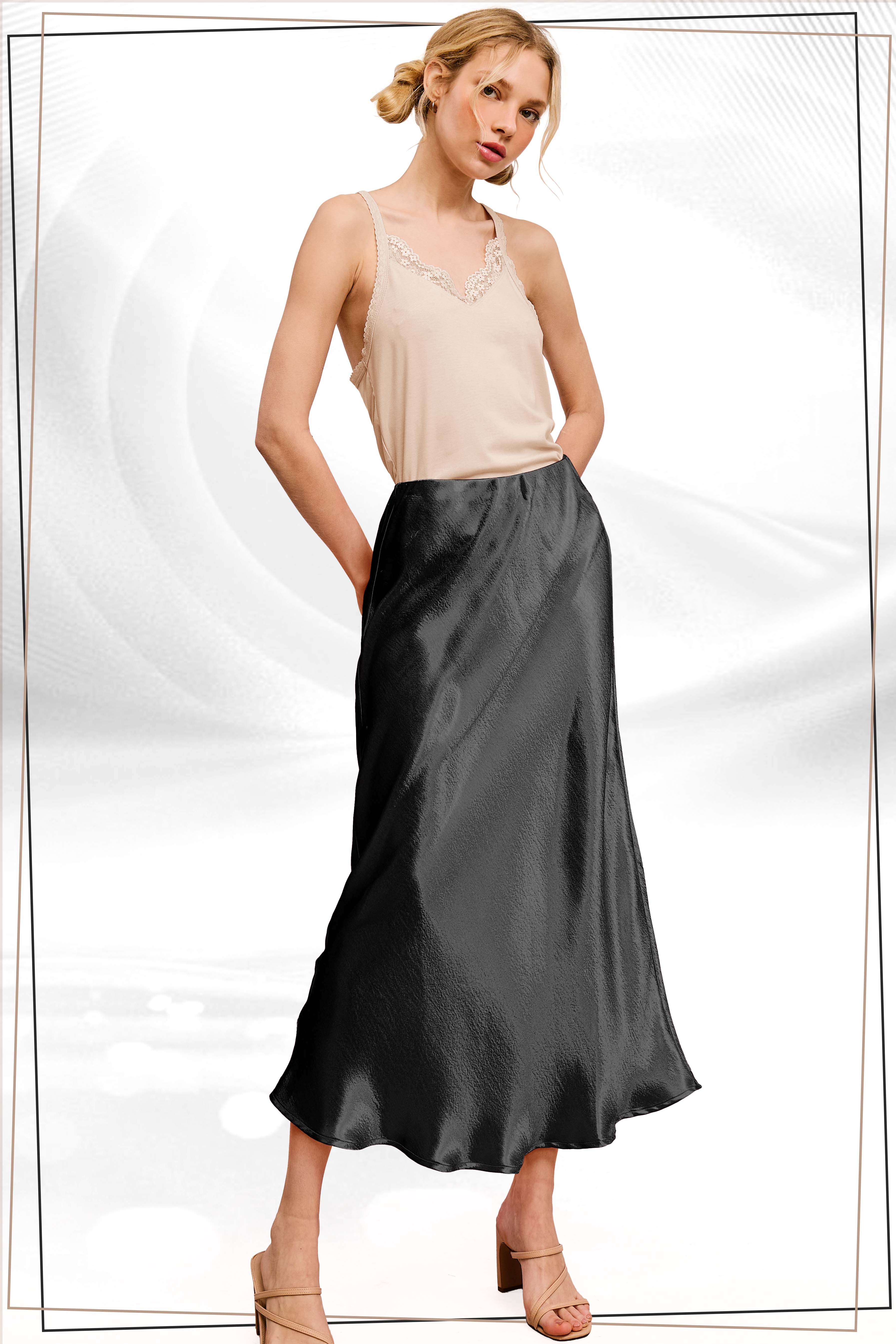 La Miel - Wholesale Skirt - Women's - JDP4232-Dressy Satin Long Panel Silhouette Skirt22