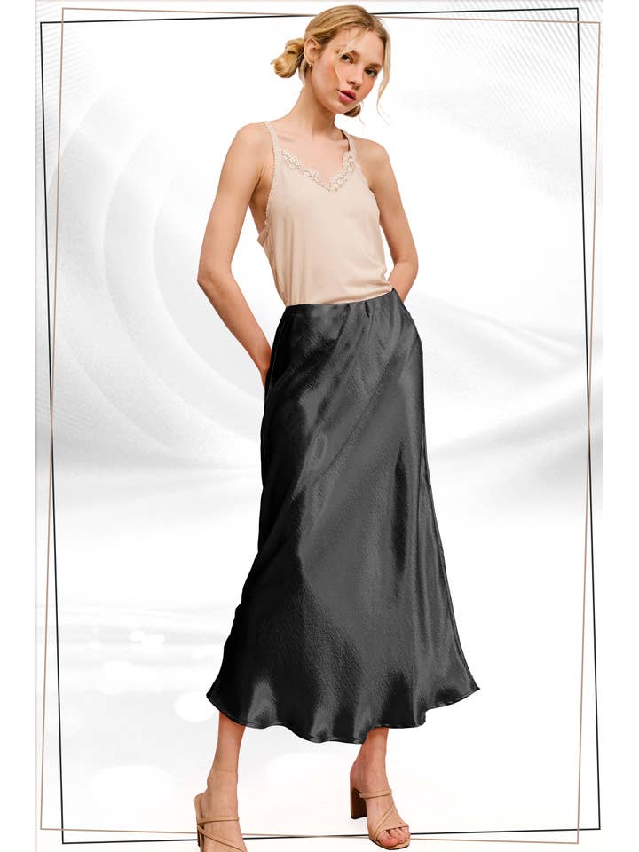 La Miel - Wholesale Skirt - Women's - JDP4232-Dressy Satin Long Panel Silhouette Skirt22