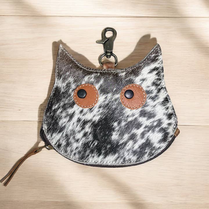 Cat cowhide & leather coin pouch bag charm for wholesale by Western Linens