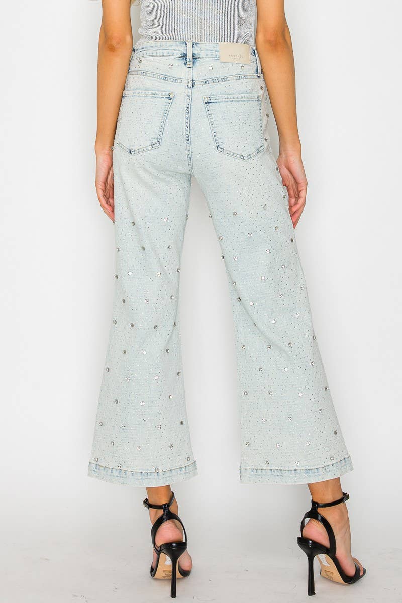 ARTEMIS VINTAGE - Vendita all'ingrosso Jeans - Donna - JEANS PALAZZO CORTI A VITA ALTA CON GIOIELLI APPLICATI1