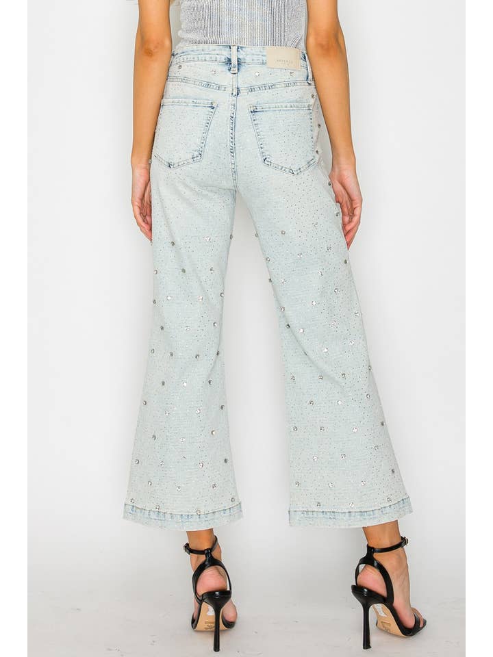 ARTEMIS VINTAGE - Vendita all'ingrosso Jeans - Donna - JEANS PALAZZO CORTI A VITA ALTA CON GIOIELLI APPLICATI1