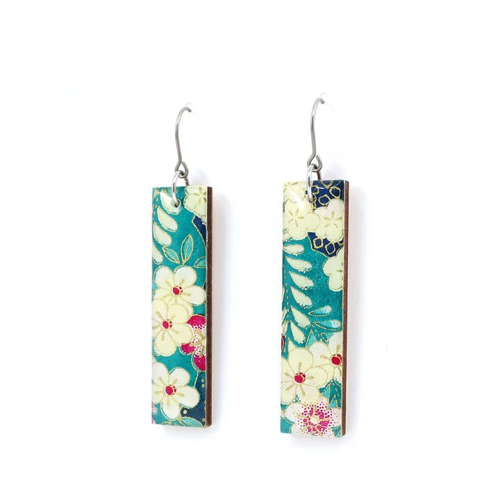 autumn + tree - Wholesale Dangle Earrings - Teal floral Chiyogami long bar earrings with titanium hooks