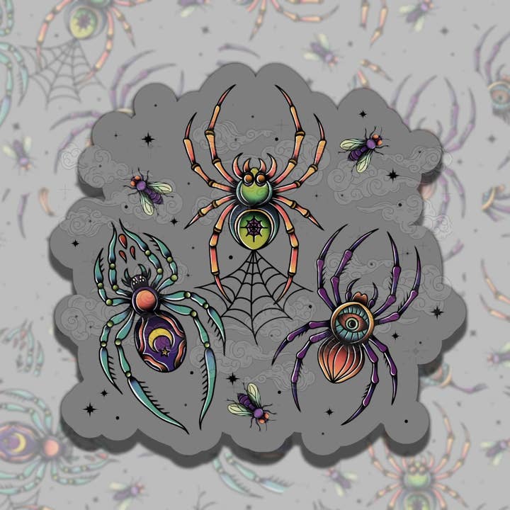 Colorful Traditional Spiders Vinyl Sticker - Fantasy Art for wholesale by Sticky Sadness Designs