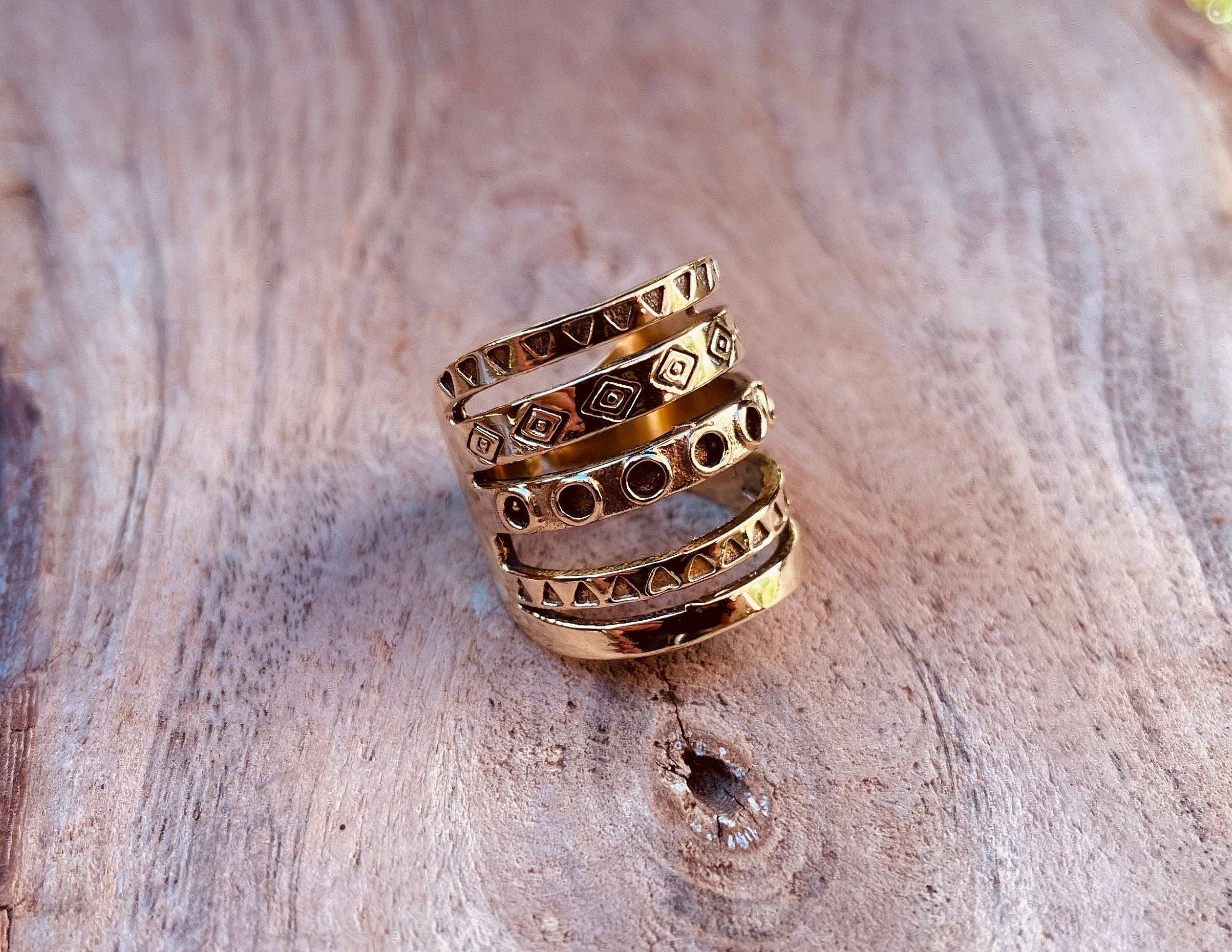 Kaali Boutique – wholesale Band/stacked ring – Aztec Brass Ring / Unisex / Mens / Large size / Geometric / Boho / Ethnic / Rustic / Festival / Bohemian / Hippie / Gypsy / Psy2
