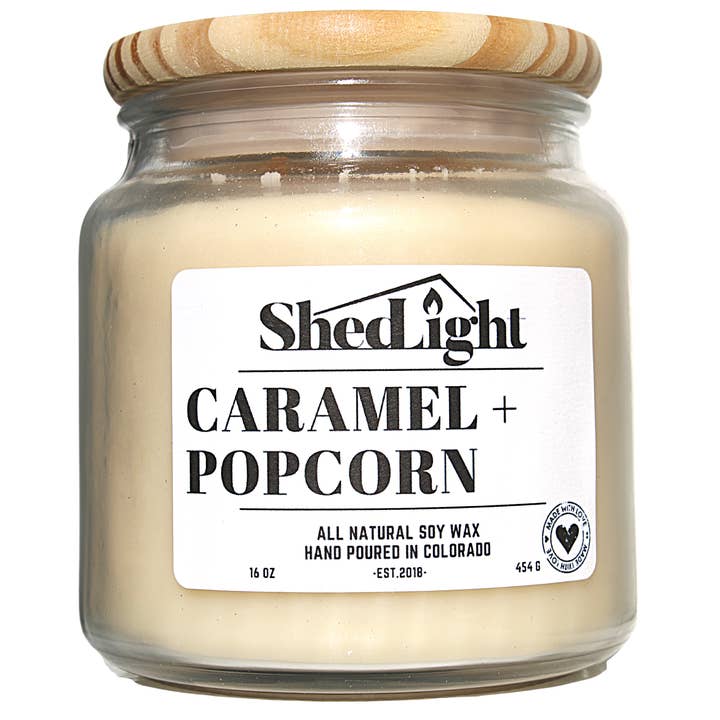 Caramel popcorn scented soy wax candles for wholesale by Shed Light Designs