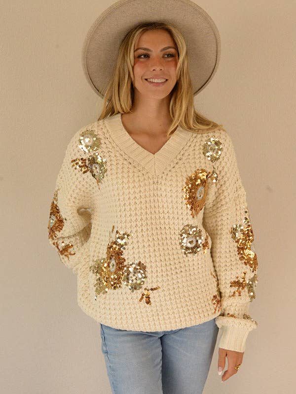 Ambiente - Wholesale Knit Sweater - Women's - V-NECK TEXTURED SWEATER WITH SEQUIN APPLIQUES - W2309JO279183
