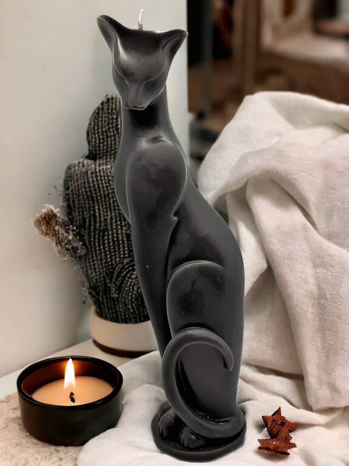 Sleek Black Cat Candle for wholesale by Cernunnos Farms