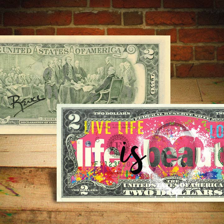 Life Is Beautiful * Love * Pink Heart Valentine Genuine Two Dollar Bill - Hand-Signed By Rency - Ships Fast - Free Shipping To U.S. for wholesale by The Merrick Mint
