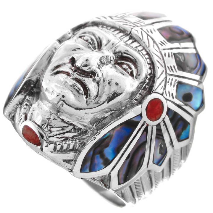 FifiRose - Wholesale Cocktail/Statement Ring - 925 sterling silver paua abalone red coral motor biker indian chief ring1