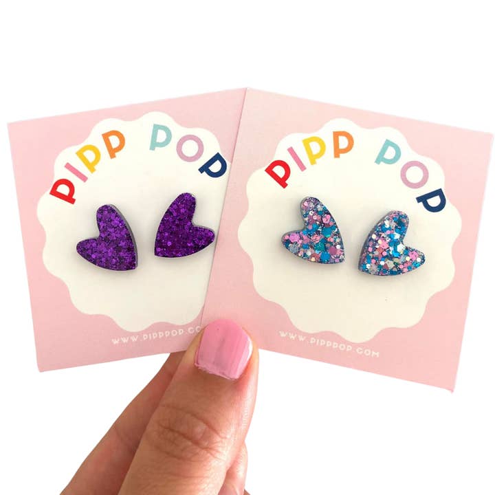 Pipp Pop - Wholesale Stud/post earrings - Glitter Heart Studs - 8 Colours Available8