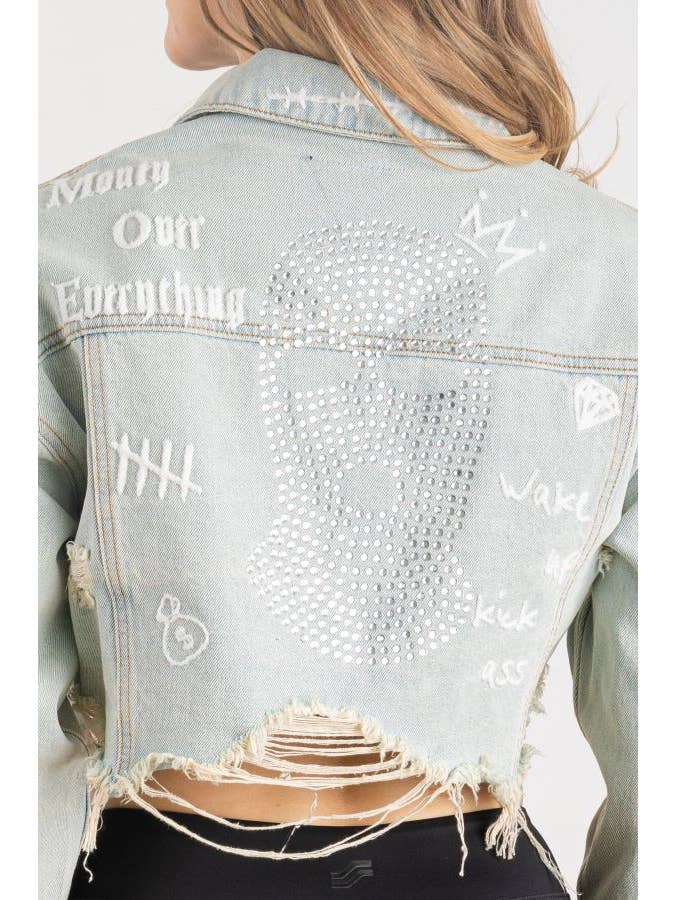 Trio Urban - Wholesale Denim Jacket - Women's - Ski Mask Rhinestones Crop Denim Jacket