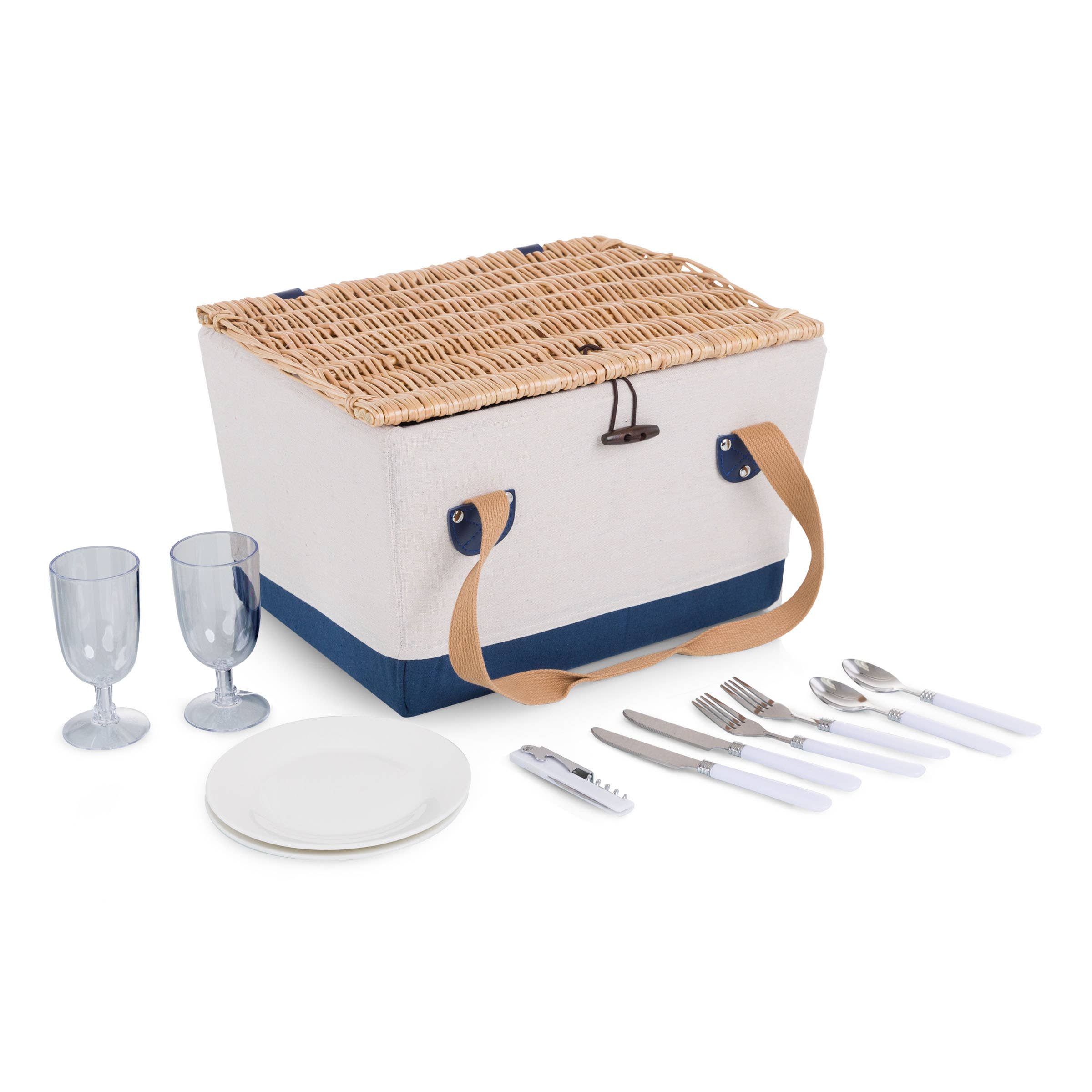 Beige Canvas with Navy Blue Accents Boardwalk Picnic Basket for 2 for wholesale on Faire10