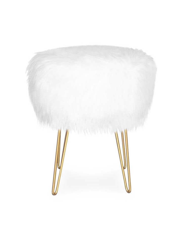 Tabouret Ida, fausse fourrure blanche, pieds métal doré pour la vente par Potiron