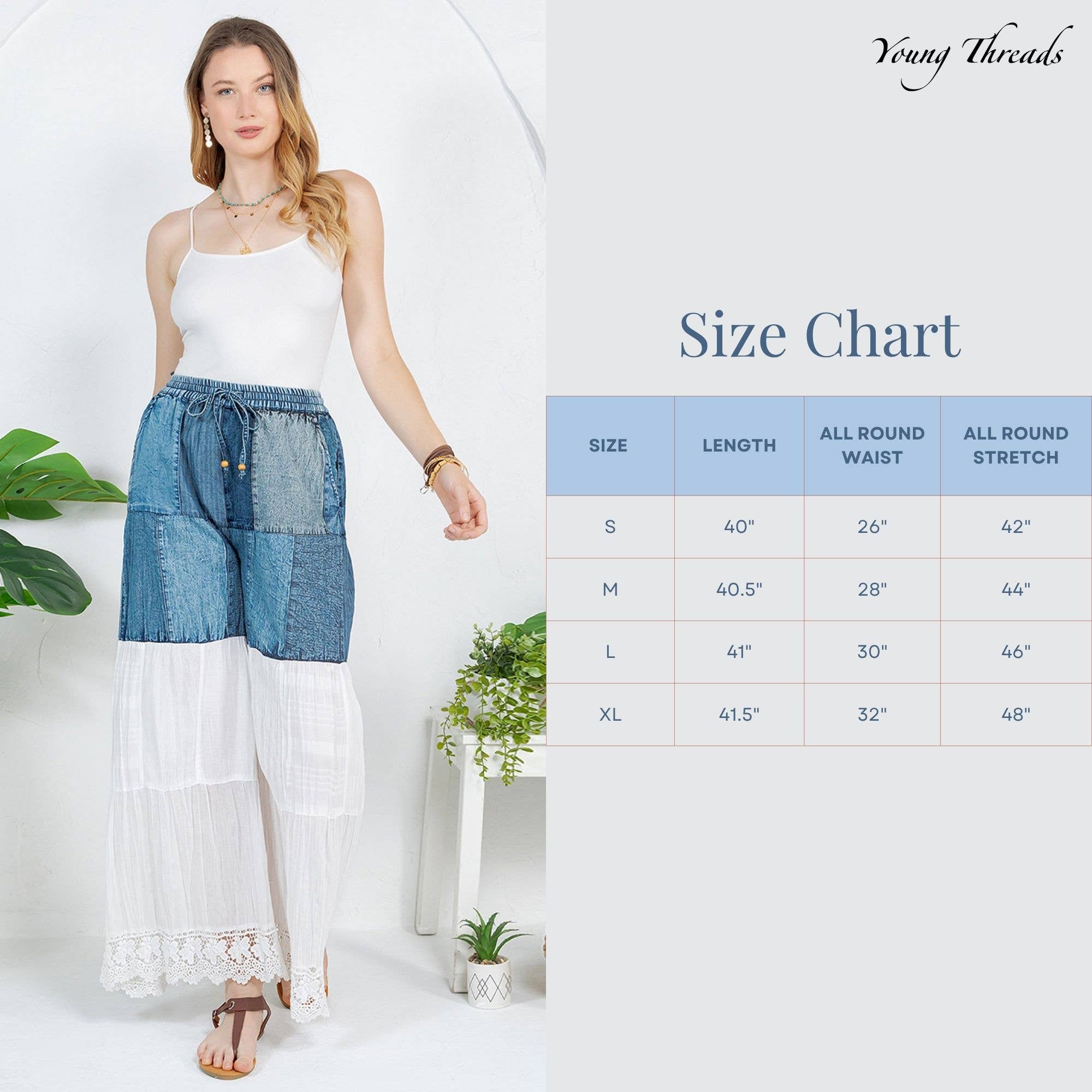 Young Threads - Vendita all'ingrosso Pantalone - Donna - Pantaloni lunghi in denim ispirati al boho con toppa solida (nuovo colore)13