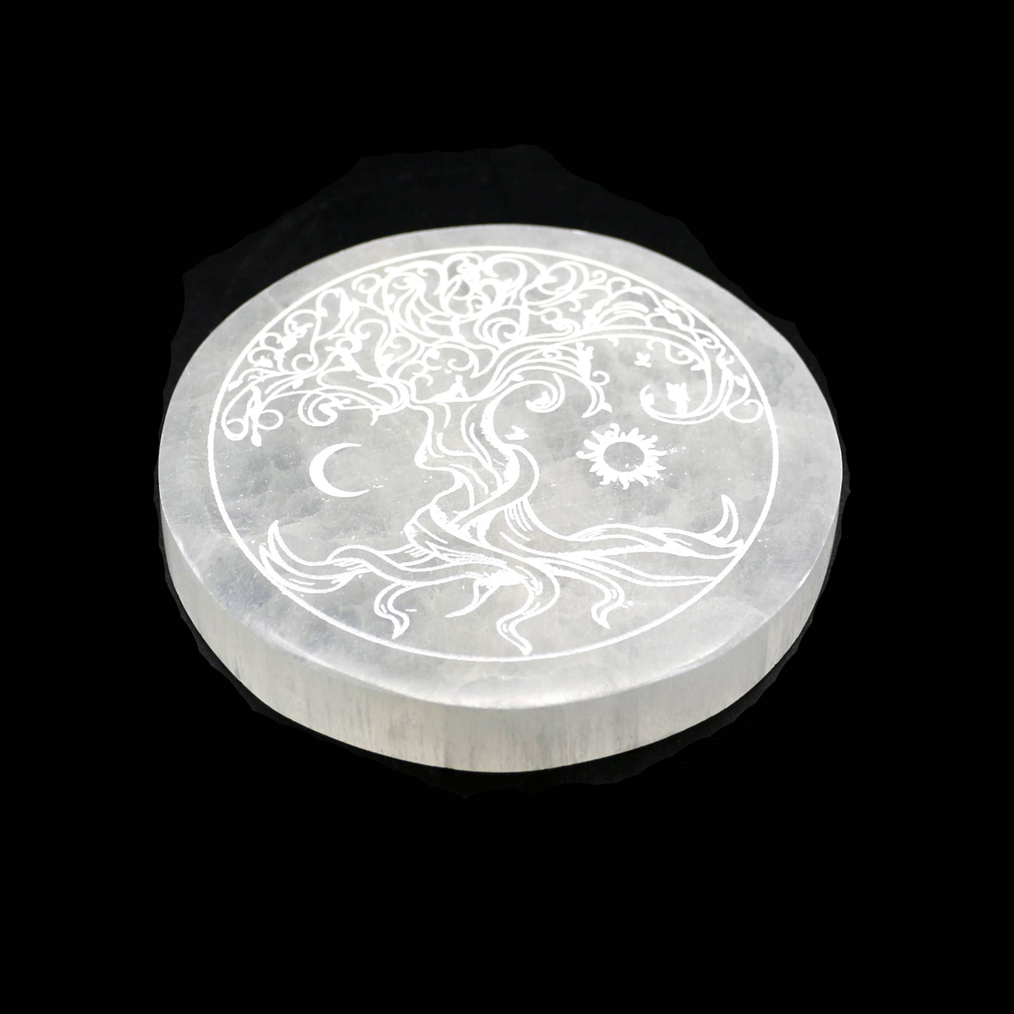 Designs by Deekay Inc. - Wholesale Crystal Charging Plate - Round Selenite Charging Plate (4 in.) - Tree of Life1