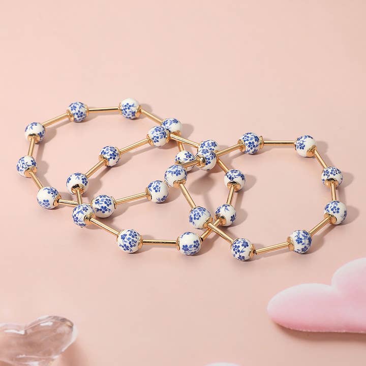 Sensibling Corp. - Wholesale Jewelry Set - 3PCS - Floral Ceramic Ball Beaded Stretch Multi Layered Bracelets2
