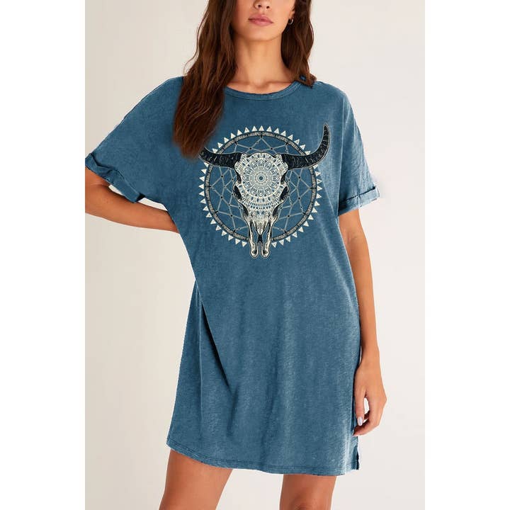 AZTEC COW HEAD SKULL MINERAL GRAPHIC DRESS  for wholesale by HRTandLUV