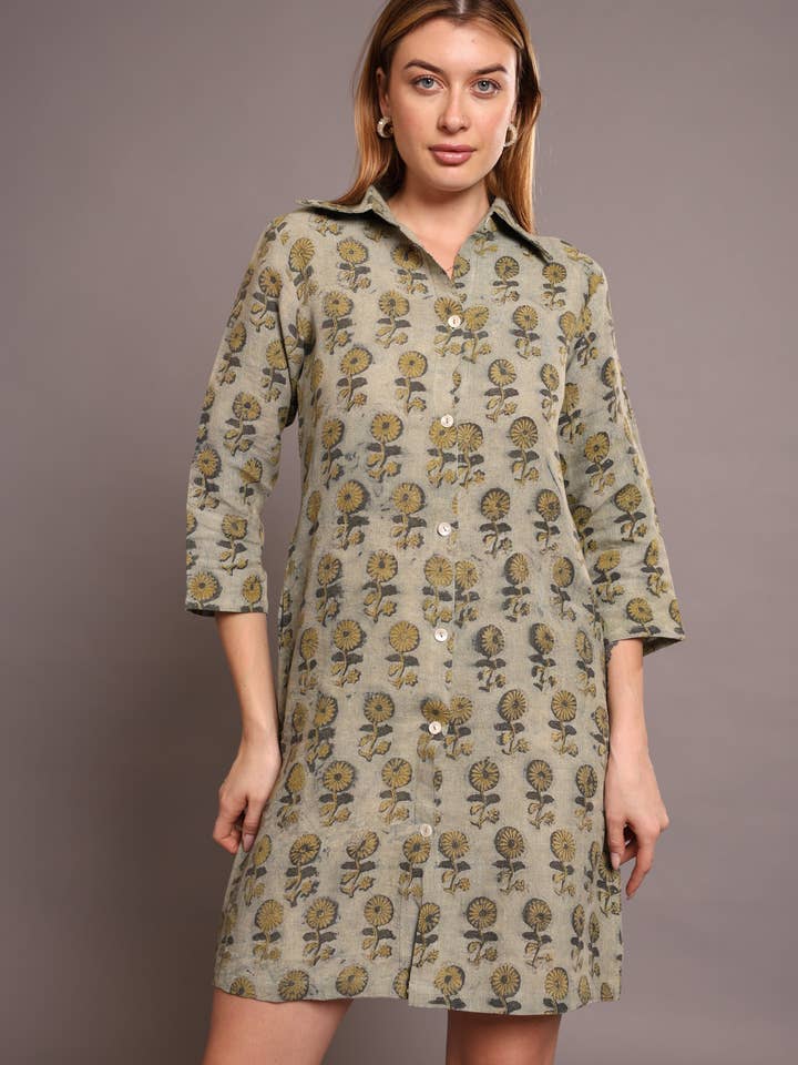 Pista Green Linen Block Printed Knee-Length Dress in Floral Print
for wholesale on Faire6