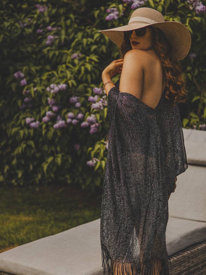 Viskose Metallic Kvast-Kimono Strandovertræk i Sort for engroshandel hos Xander Kostroma