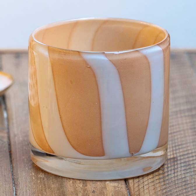Striped candle holder in mouth-blown glass, sand and white for wholesale by Maison Lilo