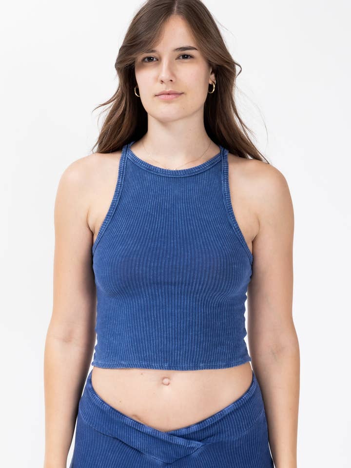 Camiseta sin mangas de algodón con cuello alto Barstow Vintage Wash Blue para venta al por mayor de Briavia