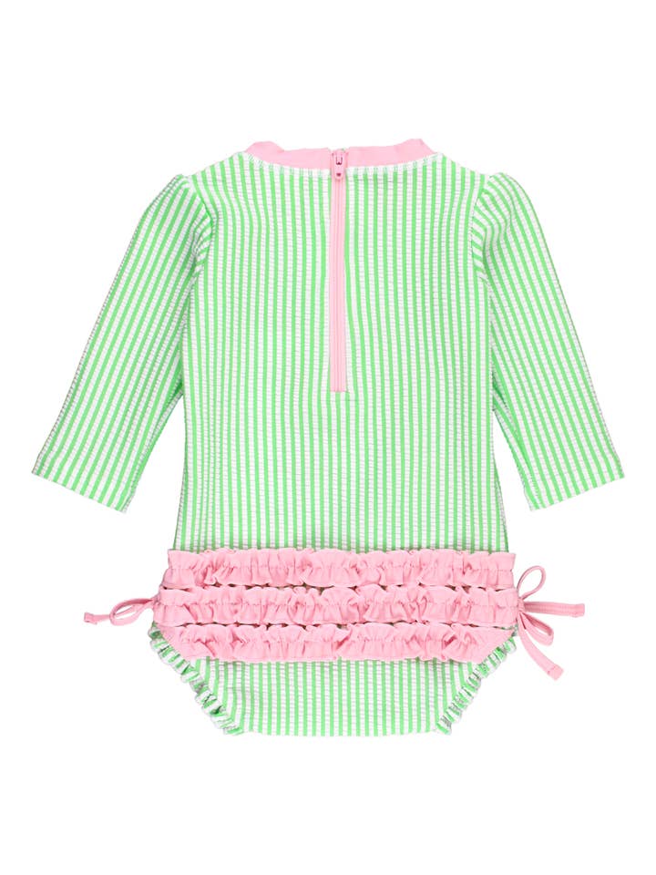 Grøn Babypiger forårsgrøn seersucker langærmet rashguard badedragt med karakteristiske bagpå-ruffles for engroshandel på Faire1