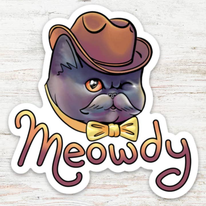 Meowdy Cat Cowboy Vinyl Sticker for wholesale by Angry Gato Designs