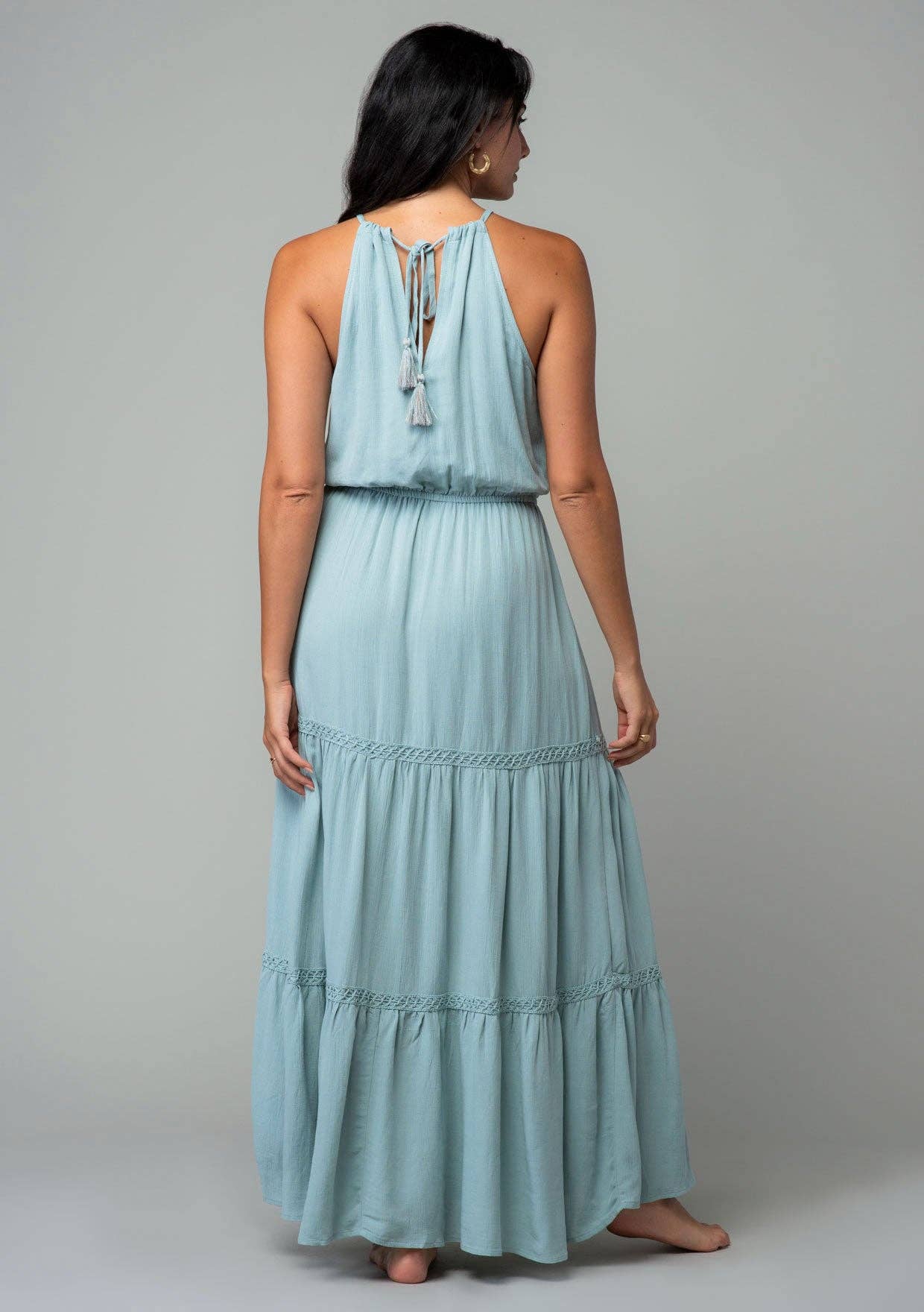 Lovestitch - Wholesale Dress - Women's - Linen Blend Embroidered Halter Tiered Maxi Dress8