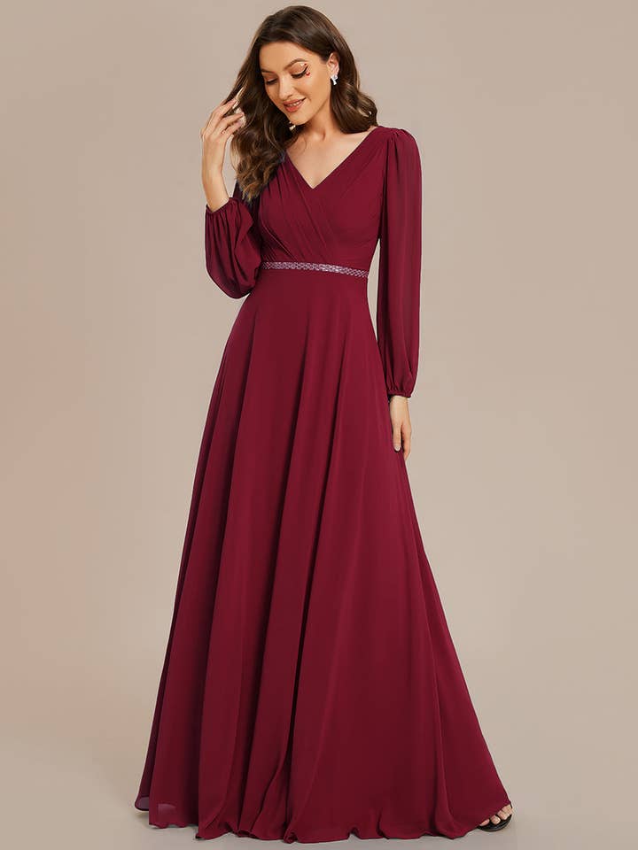 Ever-Pretty - Wholesale Gown - Women's - Elegant waisted chiffon V-neck Long Sleeve guest Dress20