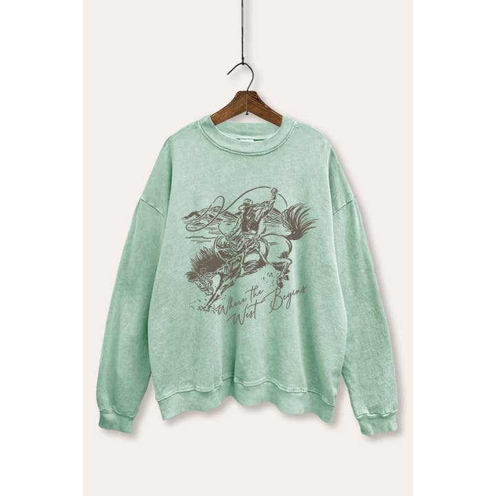 STARCHIS - Wholesale Graphic Sweatshirt - Women's - WHERE THE WEST BEGINS MINERAL WASH GRAPHIC SWEATSHIRT