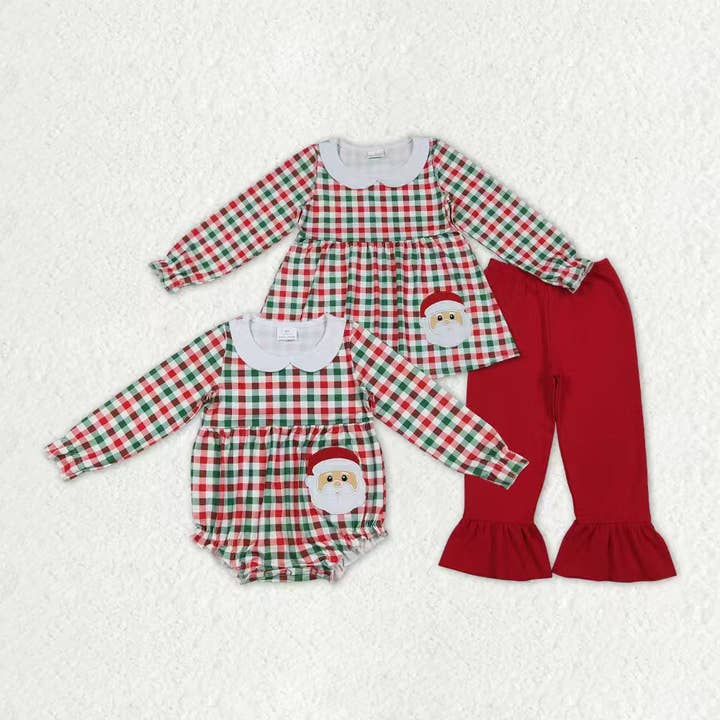 Sibling Baby Girls Red Green Checked Embroidery Santa Tunic Ruffle Pants Christmas Set Rompers for wholesale by Aier Wholesale