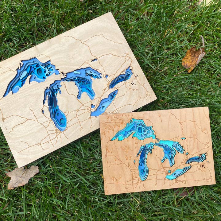 Knock On Wood - Wholesale Decorative Tabletop Object - Great Lakes Lake Depth Map7