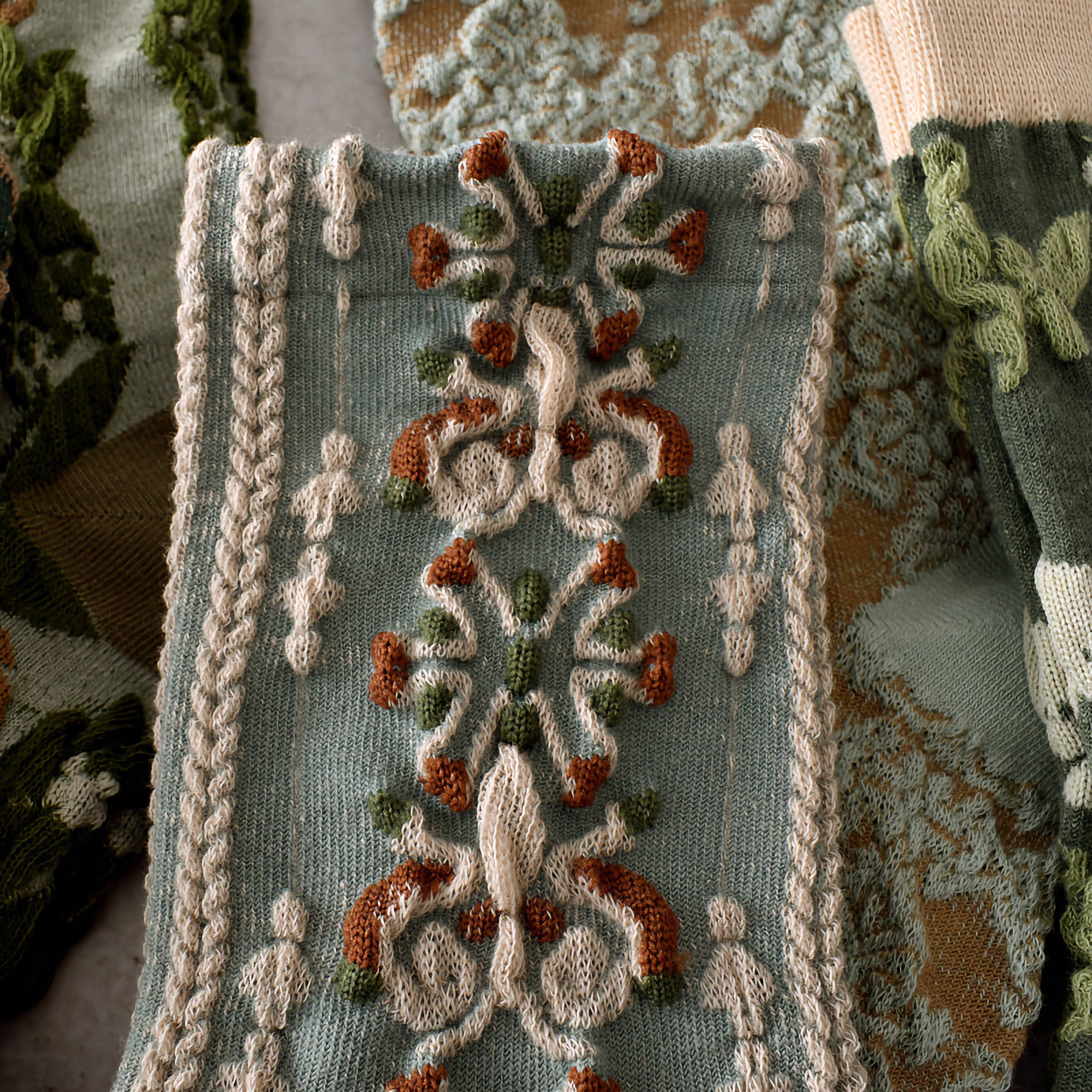 Happy Knits - Wholesale Socks - Women's - Green Floral Socks - Vintage Crew Socks For Women Cozy10