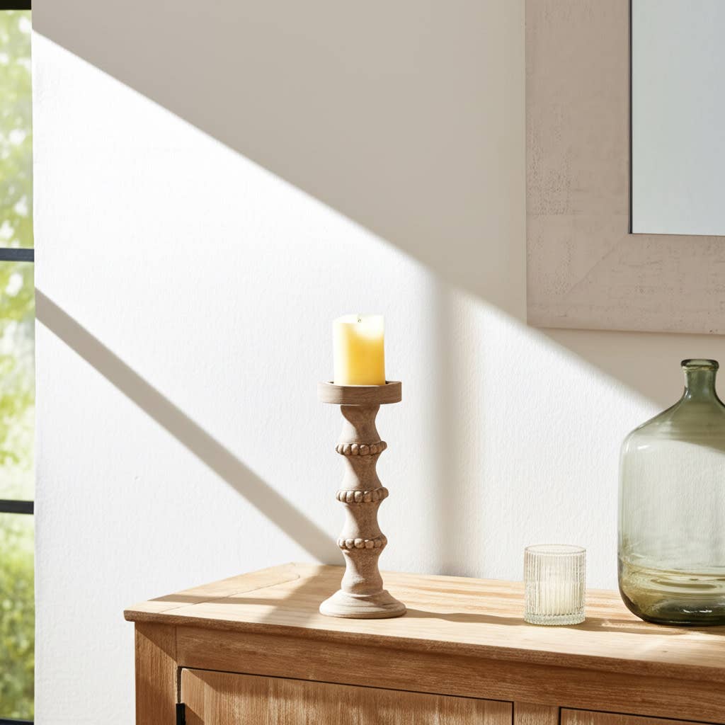 Sagebrook Home - Venta al por mayor Candelabros - Portavelas de Pilar de Madera con Detalles de Cuentas - Marfil, 33 cm.12