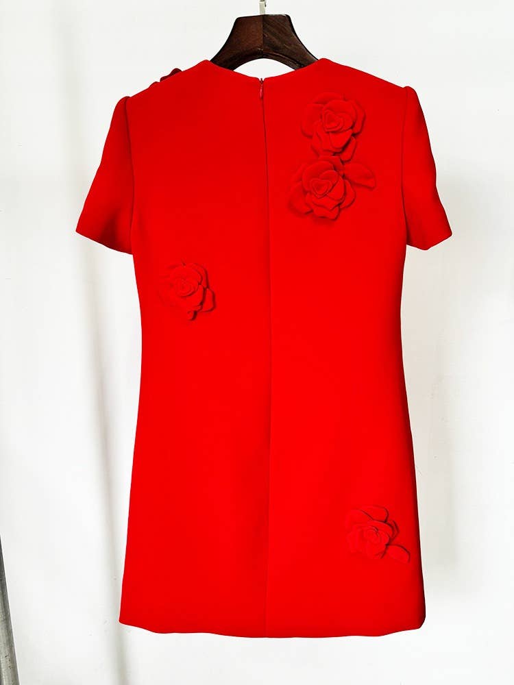 Rød DR330L Chic 3D Blomstret Rød Kjole - Kortærmet Elegance for engroshandel på Faire3