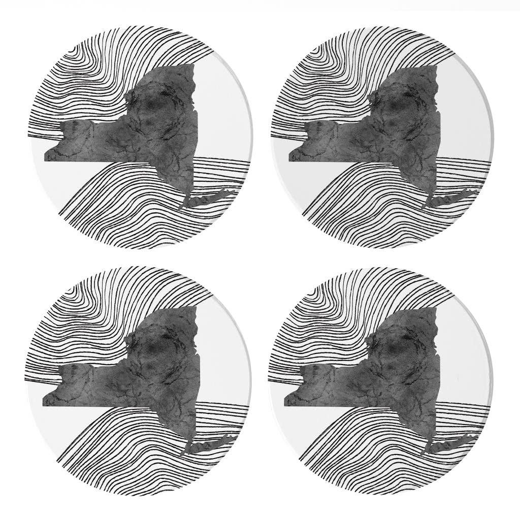 Love Local - Wholesale Coasters - Minimalistic B&W New York State With Fluid Lines | Absorbent Coasters | Set of 4 | Min 20