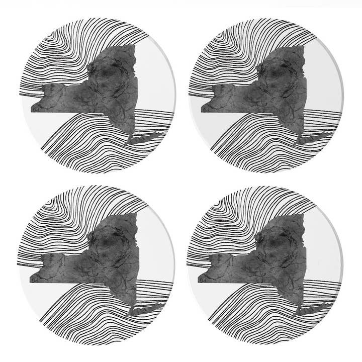 Love Local - Wholesale Coasters - Minimalistic B&W New York State With Fluid Lines | Absorbent Coasters | Set of 4 | Min 2