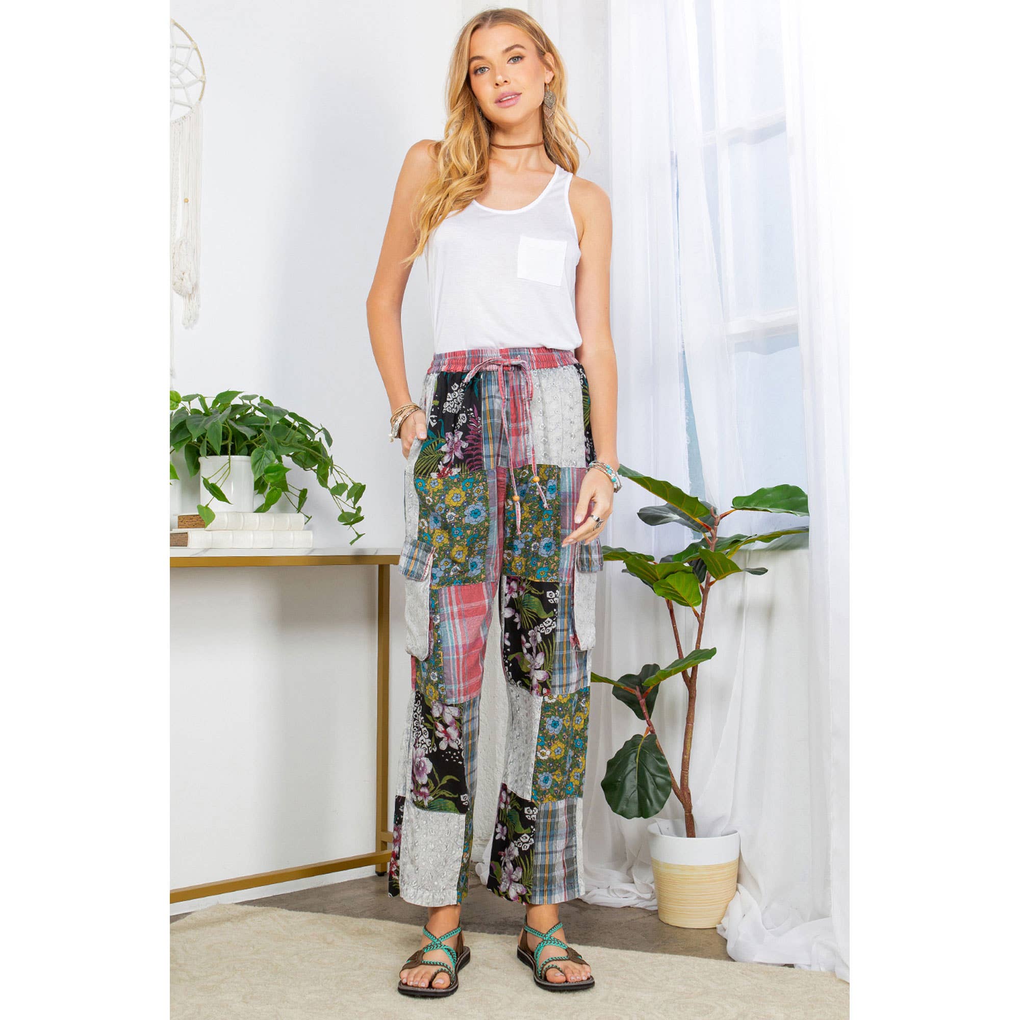Young Threads - Wholesale Pants - Women's - Bohemian Patchwork Straight Pant Plaid & Schiffli Embroidery9