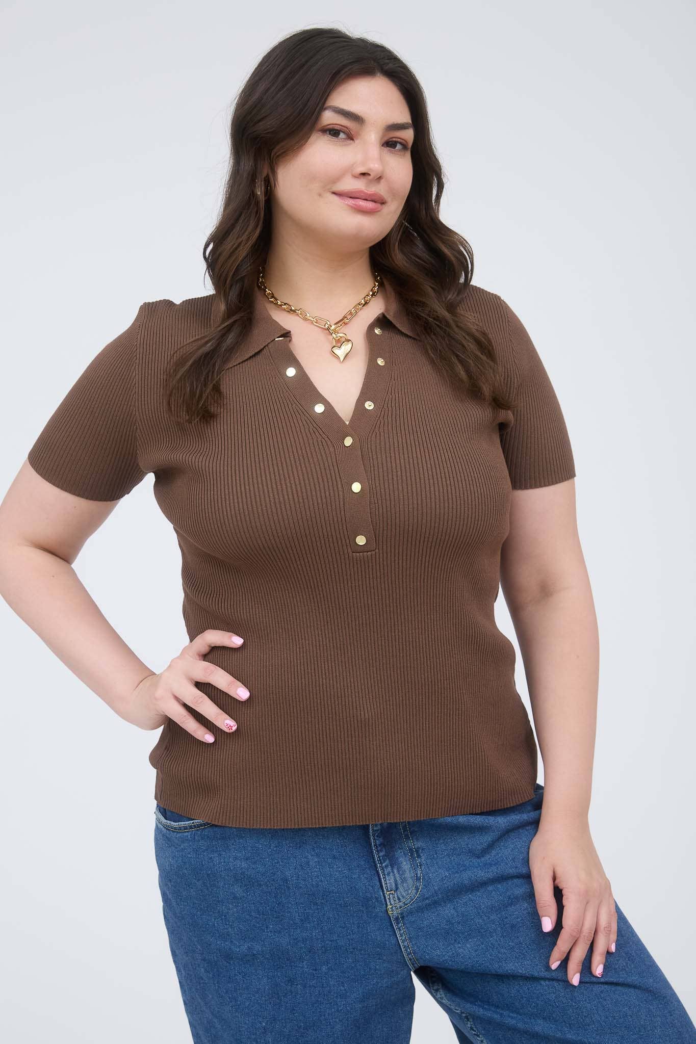 The Workshop Studio - Wholesale Knit Top - Women's - PLUS GOLD SNAP BUTTON SWEATER KNIT POLO12