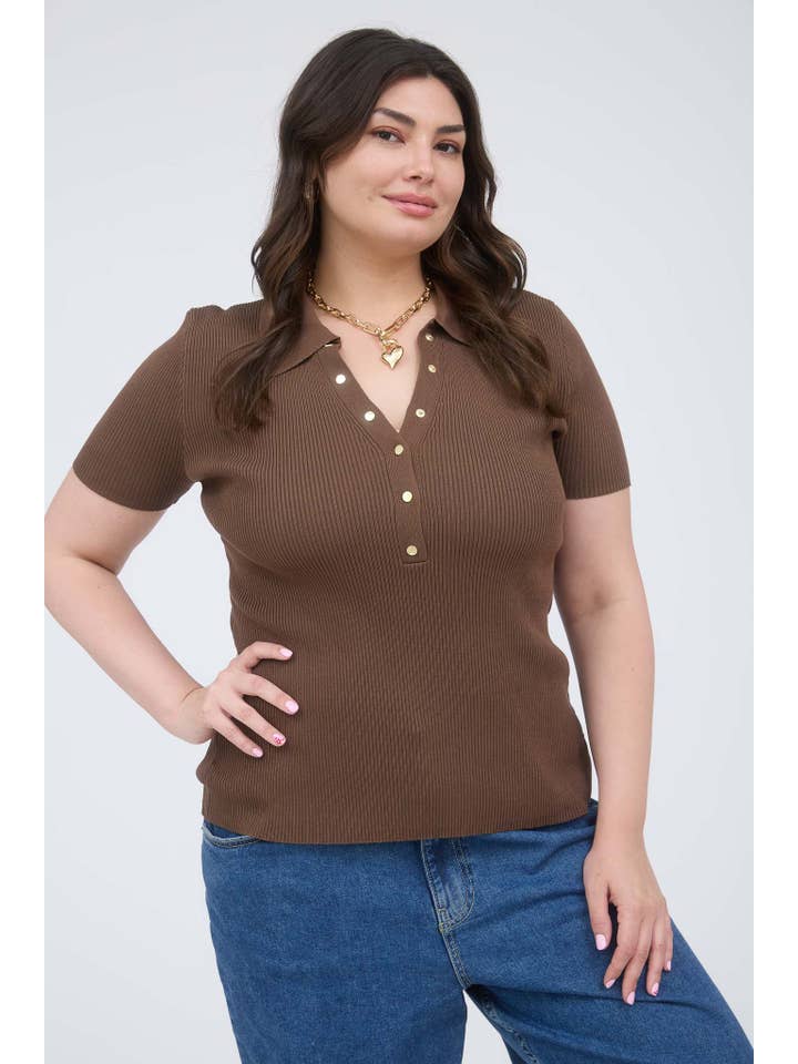 The Workshop Studio - Wholesale Knit Top - Women's - PLUS GOLD SNAP BUTTON SWEATER KNIT POLO12