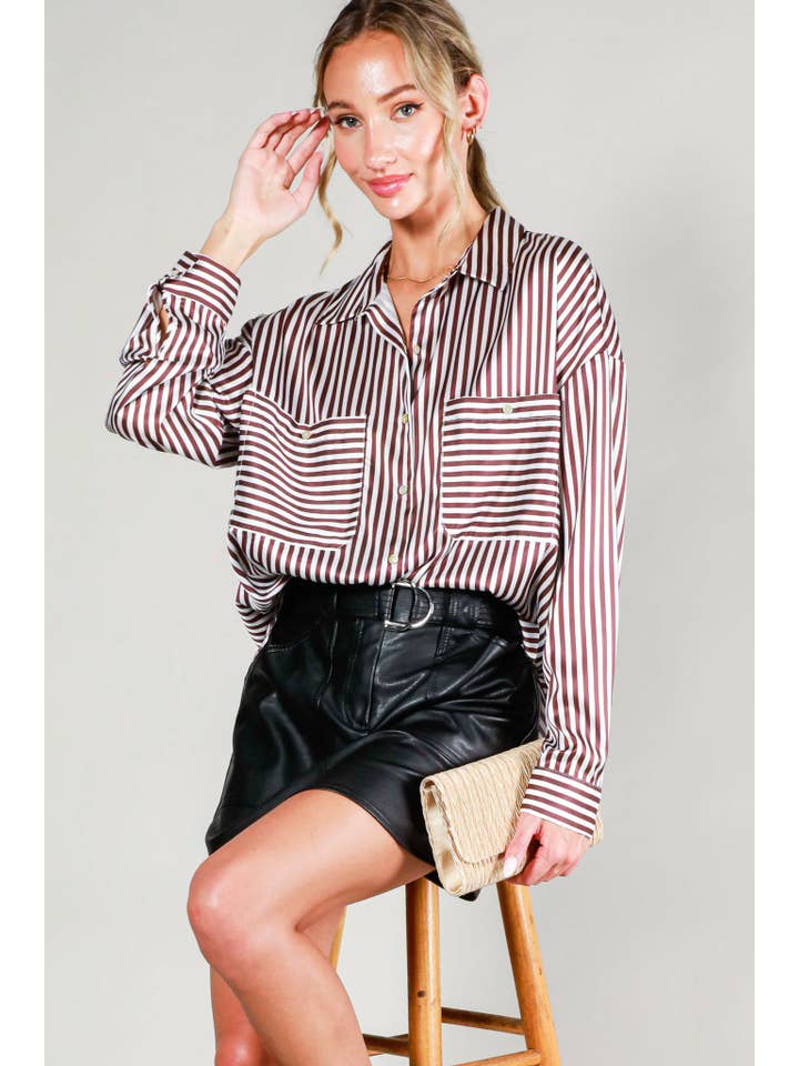 Vine & Love - Wholesale Button Down Shirt - Women's - Collar Neckline Pocket Detail Striped Satin Shirt VT813149