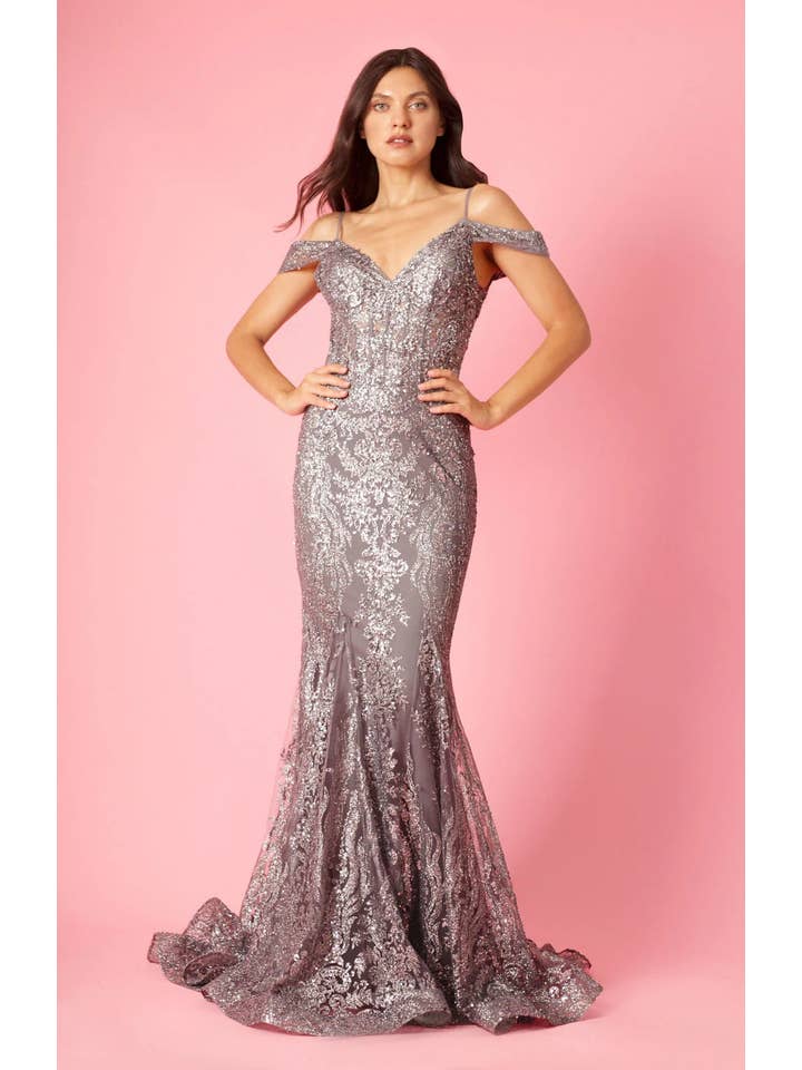 Kos Couture - Wholesale Gown - Women's - Off Shoulder Sequin Corset Formal Dress Gold