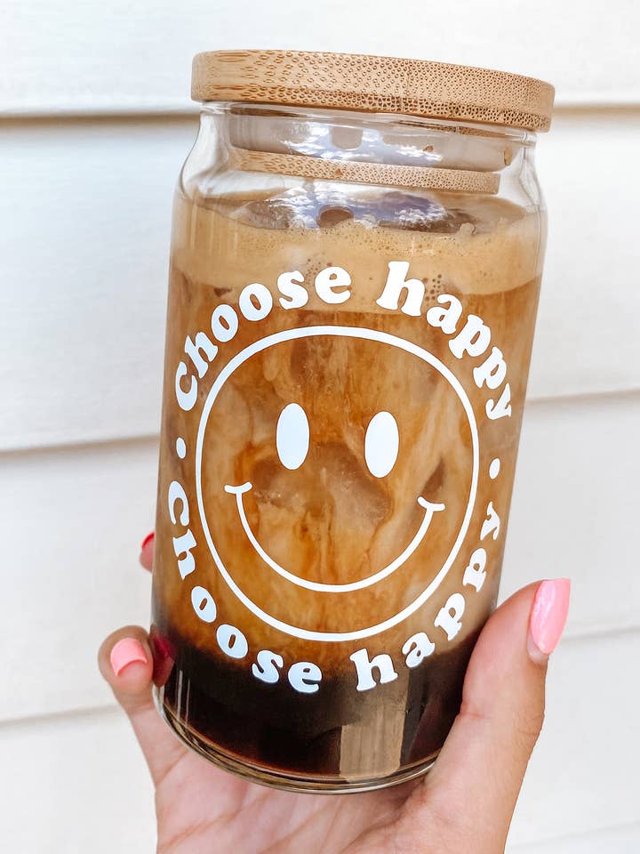 Choose Happy Smiley Glass Cup for wholesale by Penny & Co