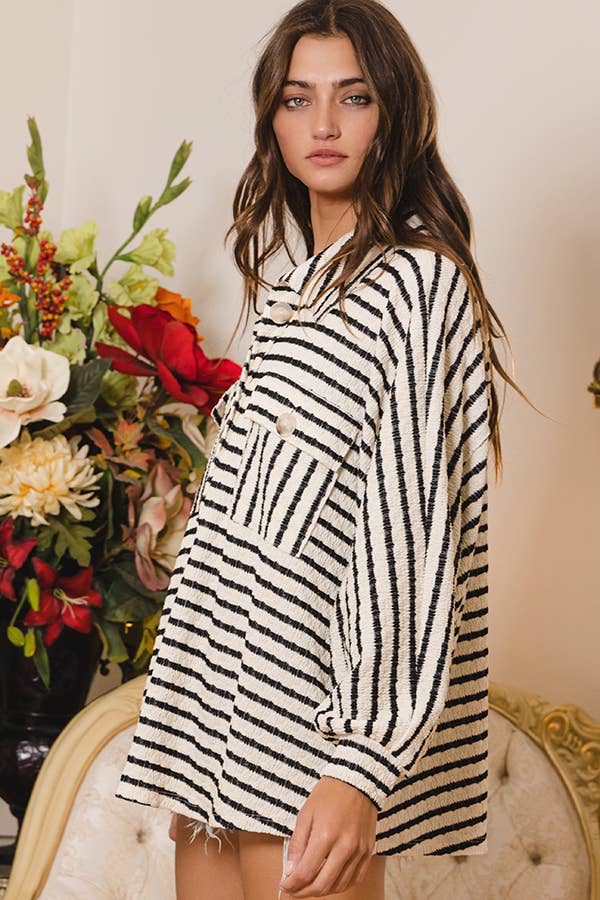 BUCKETLIST INC – wholesale Sweatshirt – Women's – T1578-5  Collared Oversized Button Up Stripe Pullover Top7