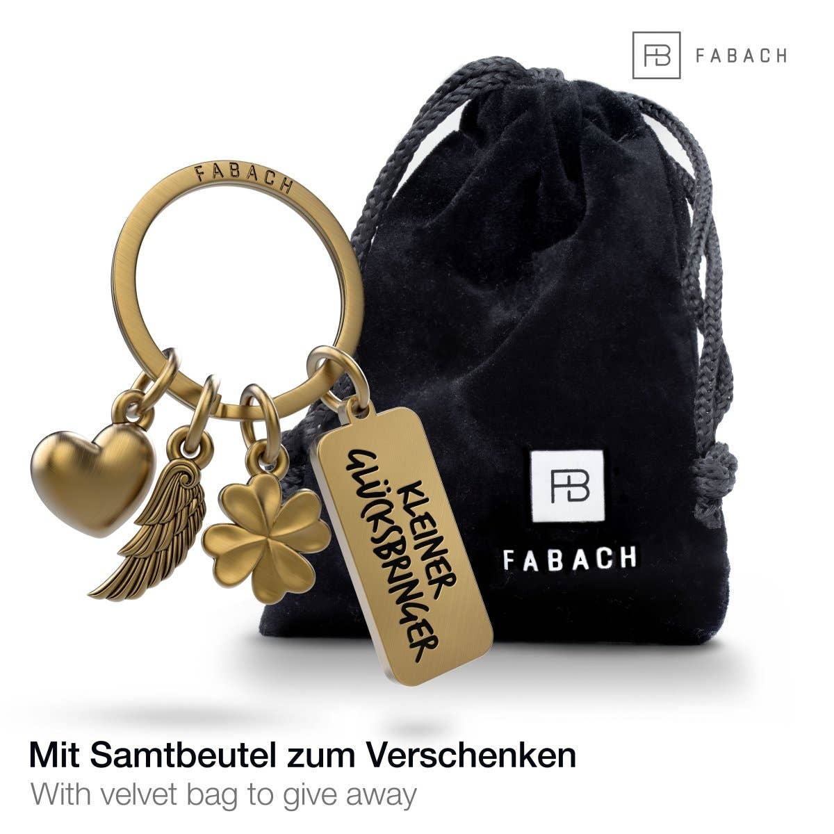 FABACH – Die Schlüsselanhänger-Schmiede – Großhandel Schlüsselanhänger – Unisex – "3 Charms" Schutzengel Schlüsselanhänger - Engel Herz Kleeblatt Glücksbringer mit Botschaft Gravur "Kleiner Glücksbringer"5