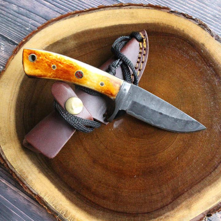 Titan International - Vente Couteau de poche/étui - Couteau de chasse à lame fixe en acier Damas avec poignée Damas Titan Drop Point Hunter TD-0771