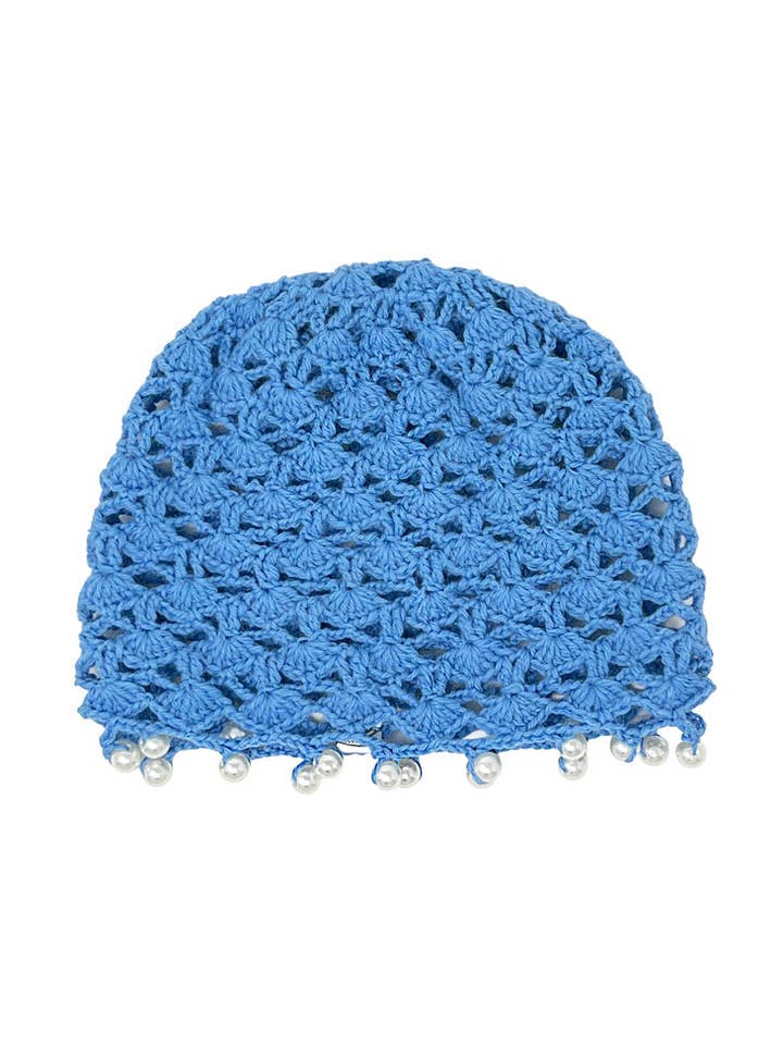 Cappello a cuffia all'uncinetto in lana azzurra con perle for wholesale by Tétè Accessories