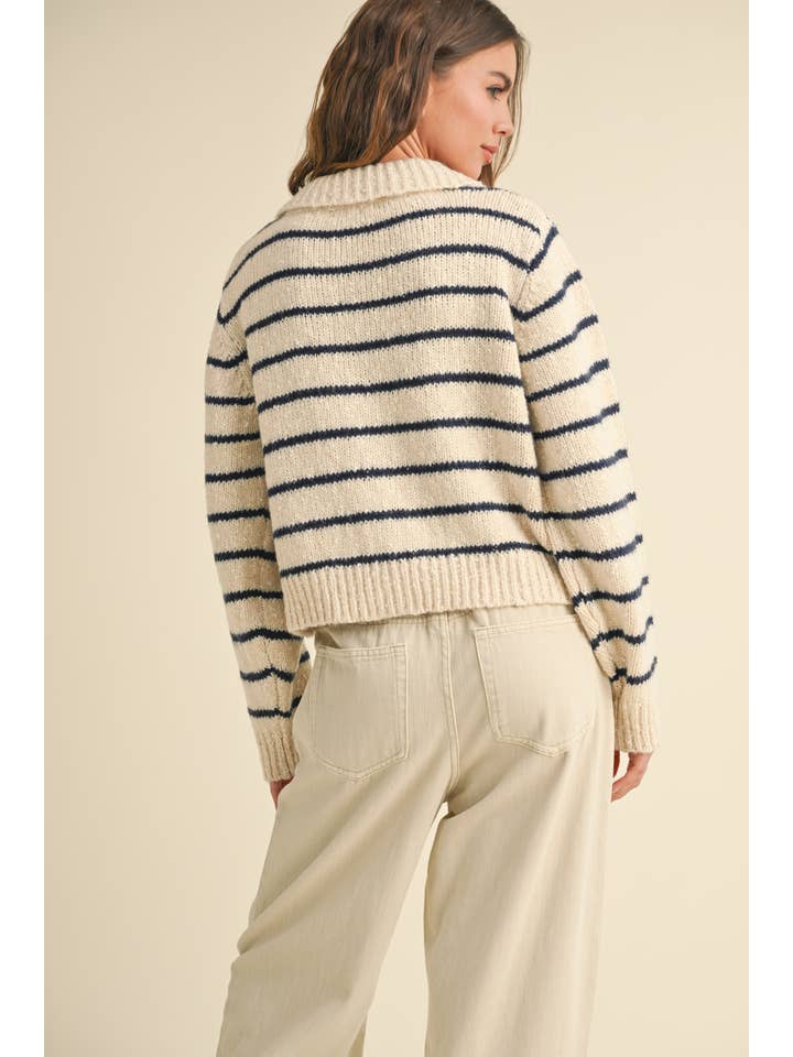 MIOU MUSE - Wholesale Cardigan - Women's - J3936 BUTTONDOWN STRIPED KNITTED CARDIGAN